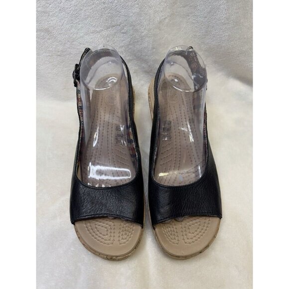 CROCS A-Leigh Black Leather Slingback Strap Cork Wedge Sandals Size 10 - Picture 2 of 12